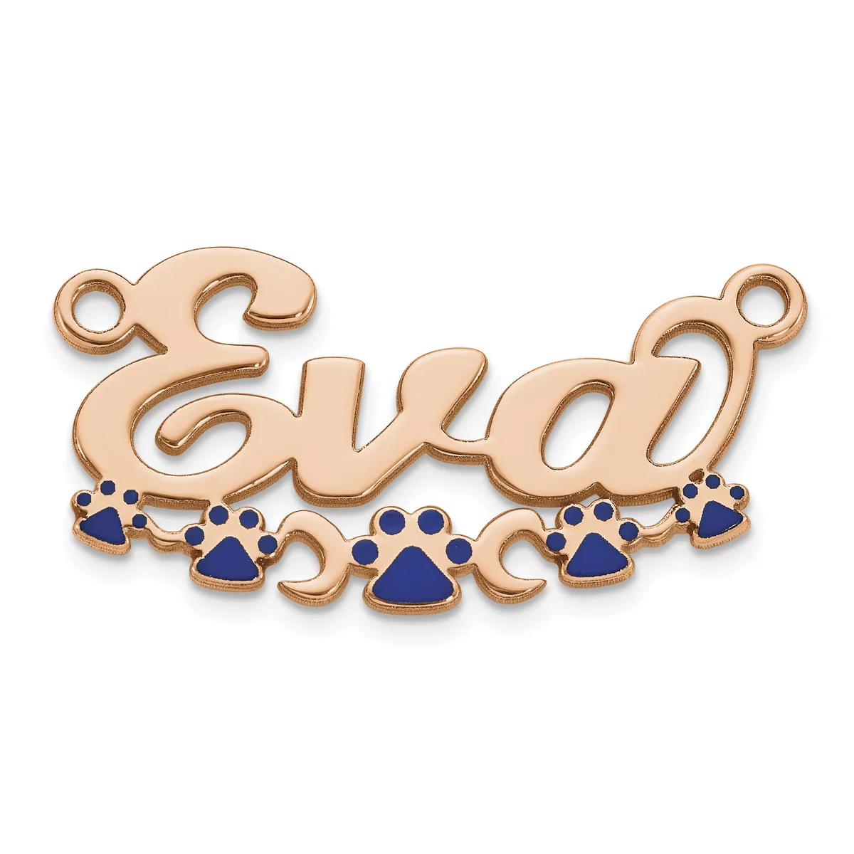 Rose gold pendant connector with script text and blue enamel paw print charms along the bottom edge, featuring loops at each end.