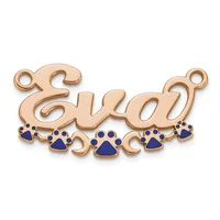 Rose gold pendant connector with script text and blue enamel paw print charms along the bottom edge, featuring loops at each end.