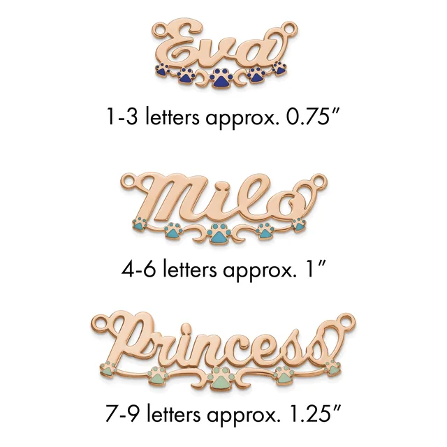 Three rose gold name pendants with gemstone accents in increasing sizes, labeled by letter count and approximate width measurements.