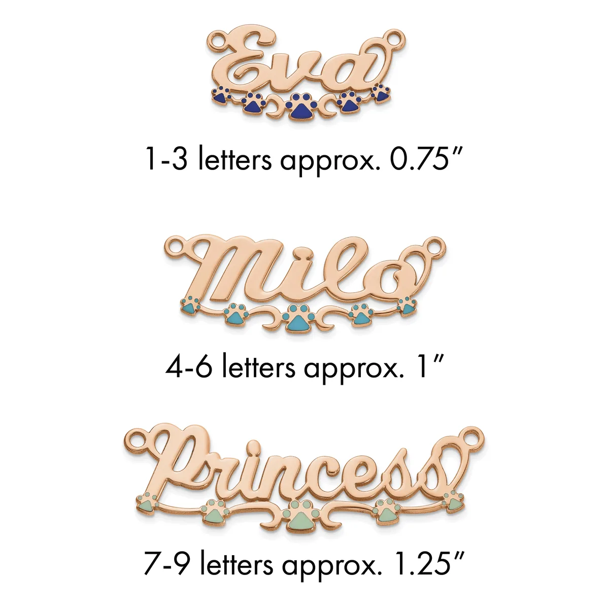 Three rose gold name pendants with gemstone accents in increasing sizes, labeled by letter count and approximate width measurements.