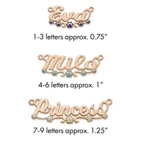 Three rose gold name pendants with gemstone accents in increasing sizes, labeled by letter count and approximate width measurements.