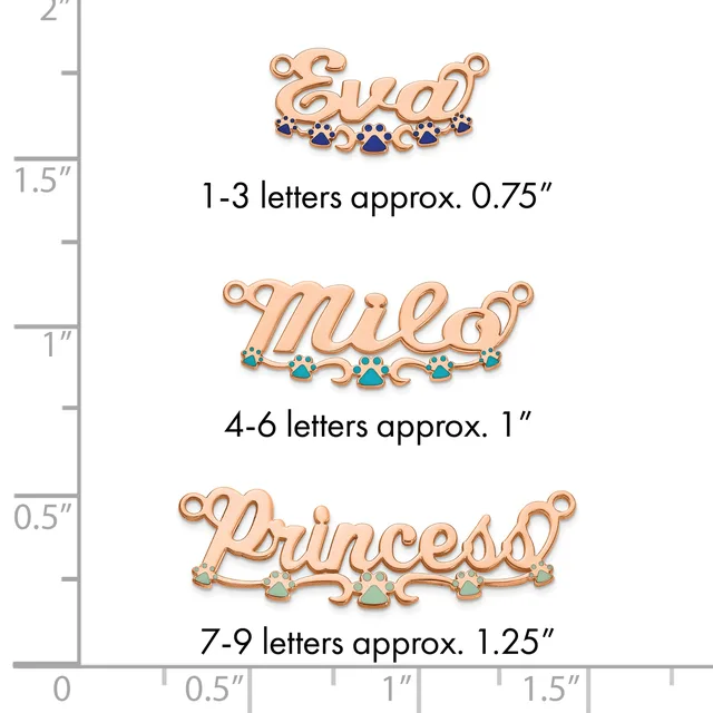 Three rose gold name pendants with gemstones displayed against a ruler showing their approximate sizes: Eva with blue stones, Mia with turquoise stones, and Princess with multicolored stones.