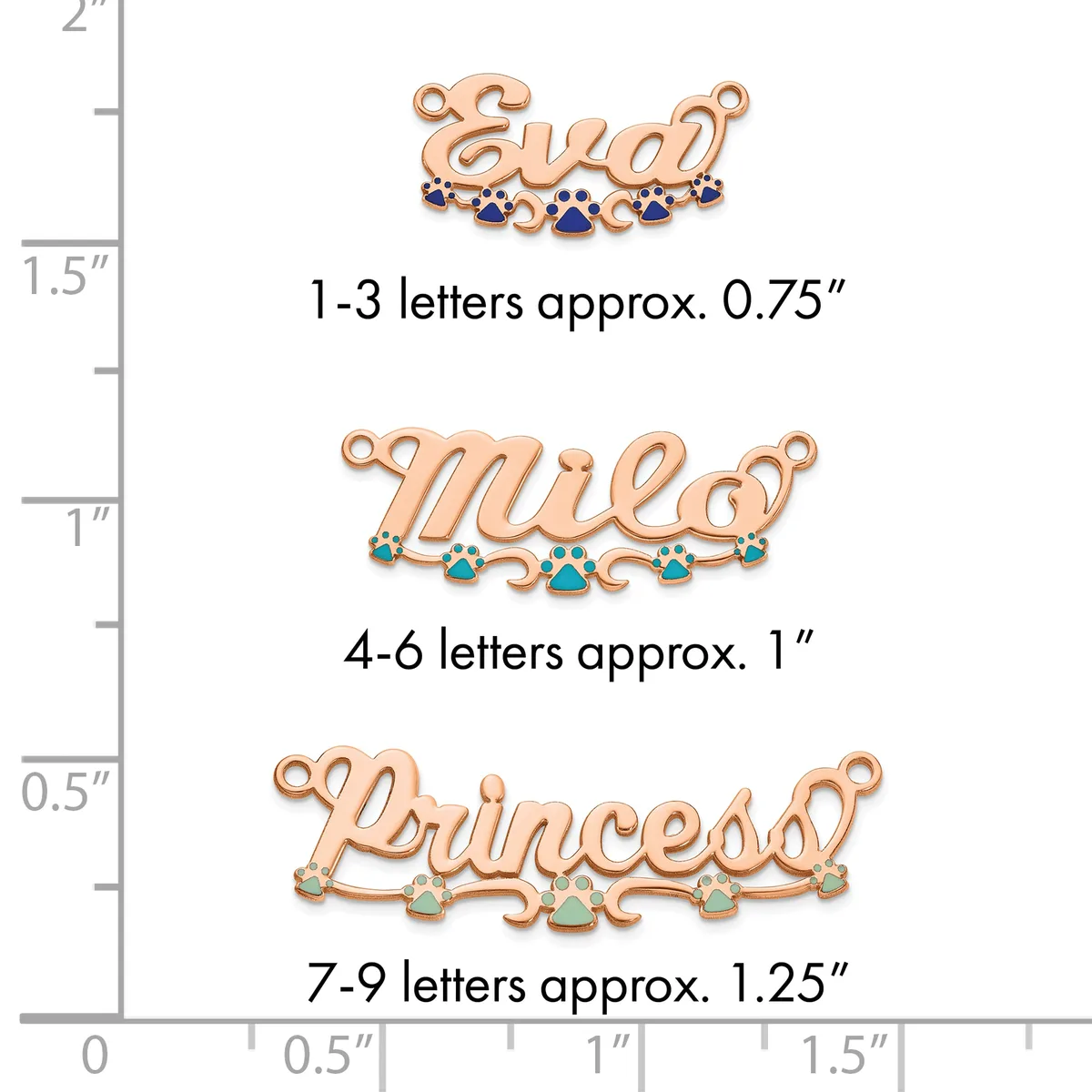 Three rose gold name pendants with gemstones displayed against a ruler showing their approximate sizes: Eva with blue stones, Mia with turquoise stones, and Princess with multicolored stones.