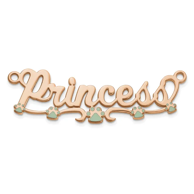 Rose gold connector pendant spelling "Princess" with five small turquoise crown charms suspended below the text.