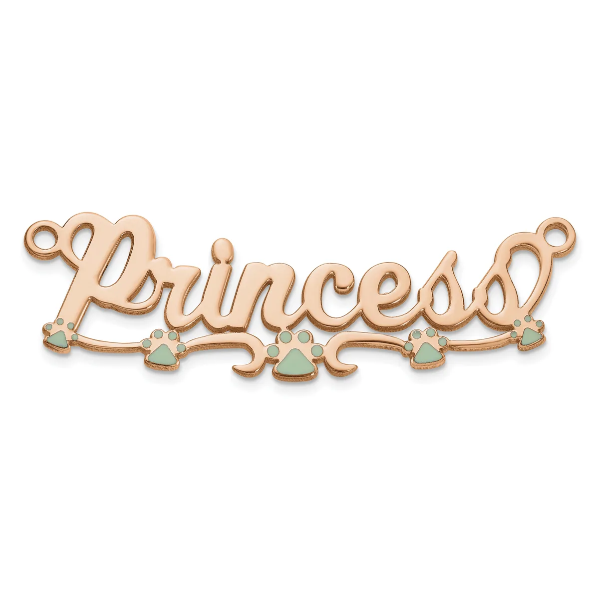 Rose gold connector pendant spelling "Princess" with five small turquoise crown charms suspended below the text.