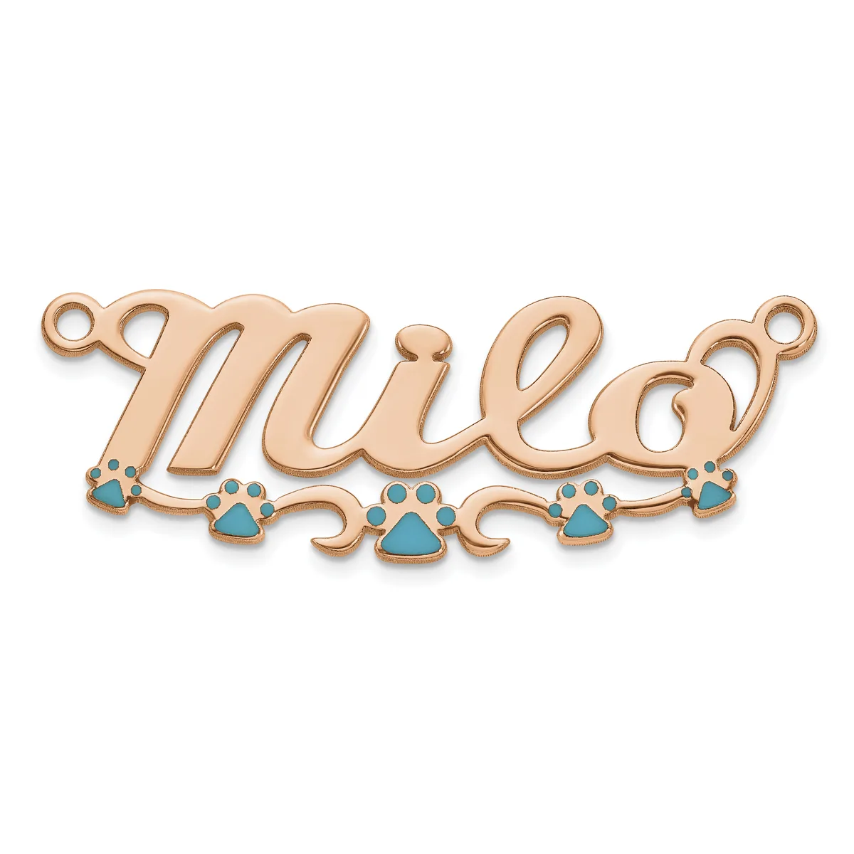 Rose gold pendant with script lettering and turquoise paw print charms along the bottom, with loops at each end for attaching to a chain.