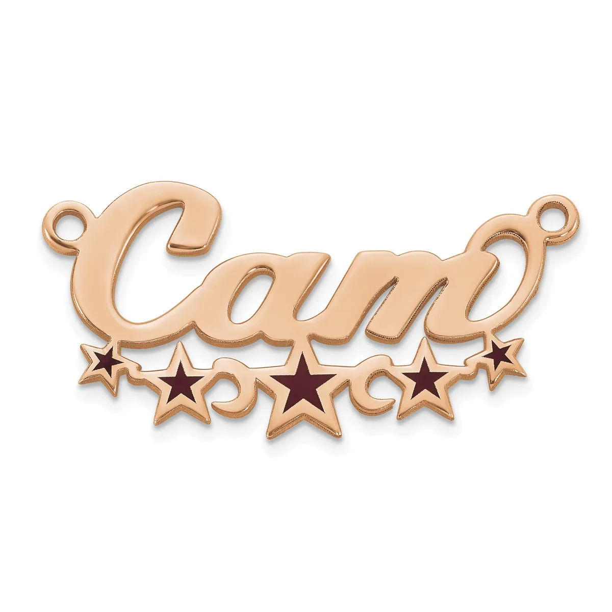 Rose gold-toned metal pendant with the word "Camp" in script lettering, decorated with five stars below and small loops at the top for attachment.