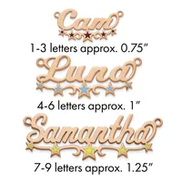 Three copper name pendants with decorative stars shown at different sizes for 1-3 letters, 4-6 letters, and 7-9 letters respectively.