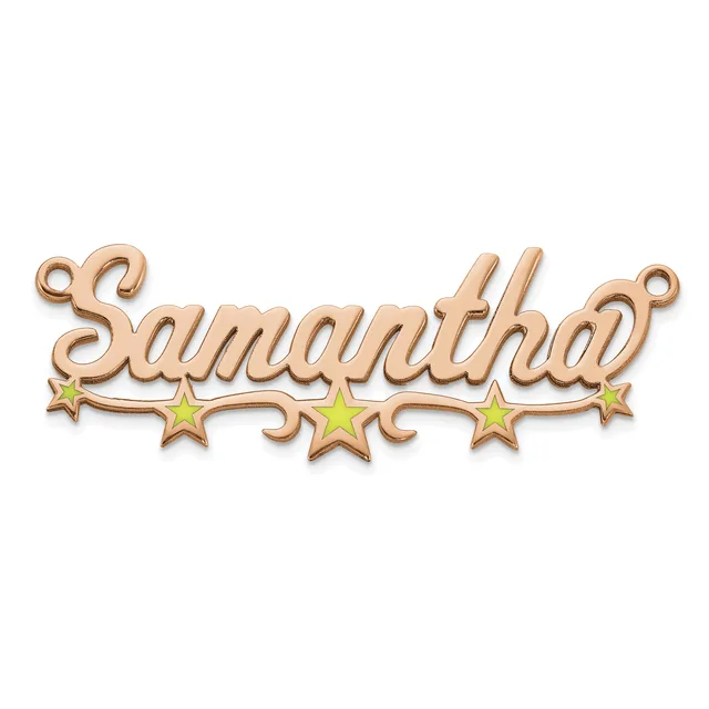 A rose gold-toned metal name pendant spelling "Samantha" with decorative scrollwork and five small stars in yellow-green enamel beneath the text, with two loops at the top for hanging.