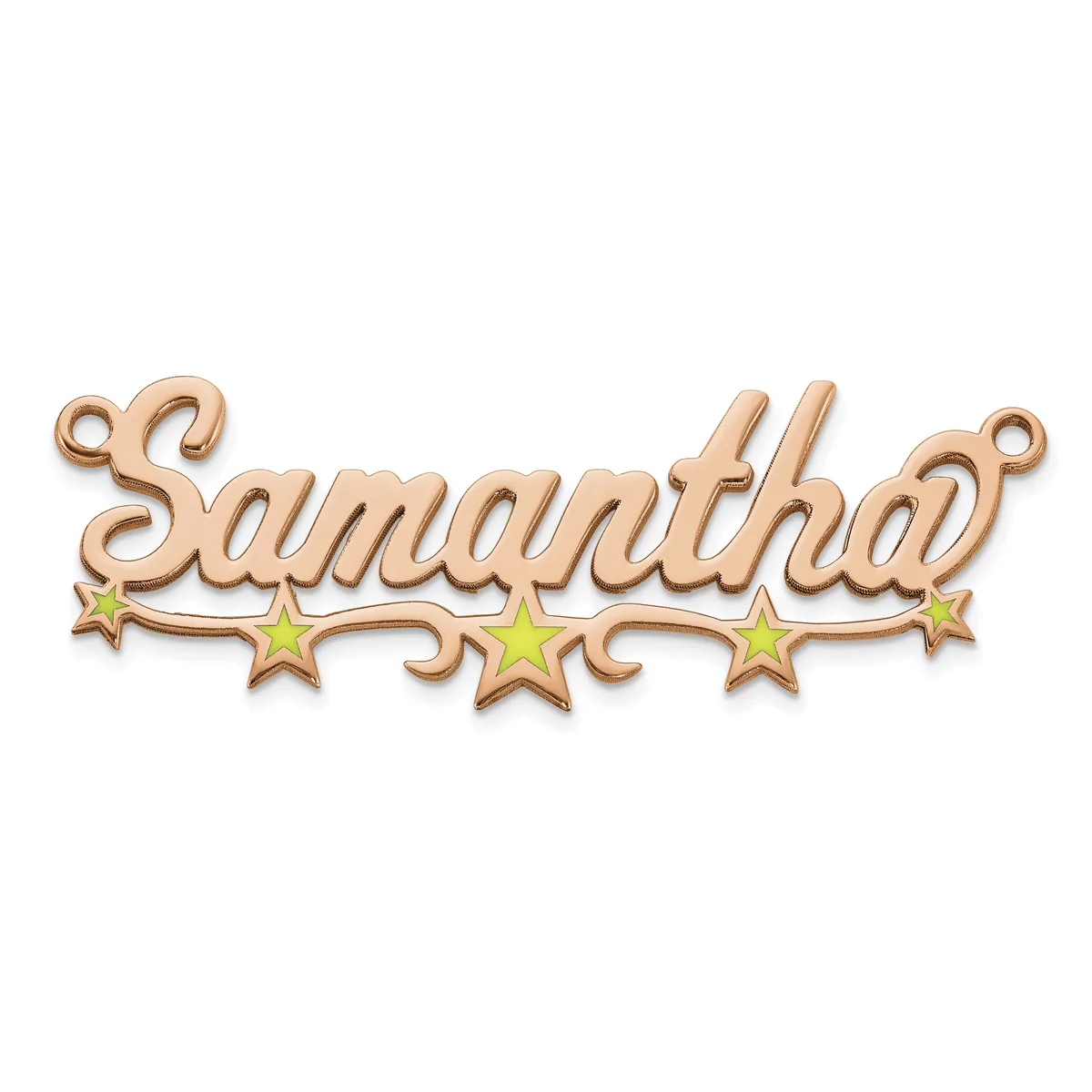 A rose gold-toned metal name pendant spelling "Samantha" with decorative scrollwork and five small stars in yellow-green enamel beneath the text, with two loops at the top for hanging.