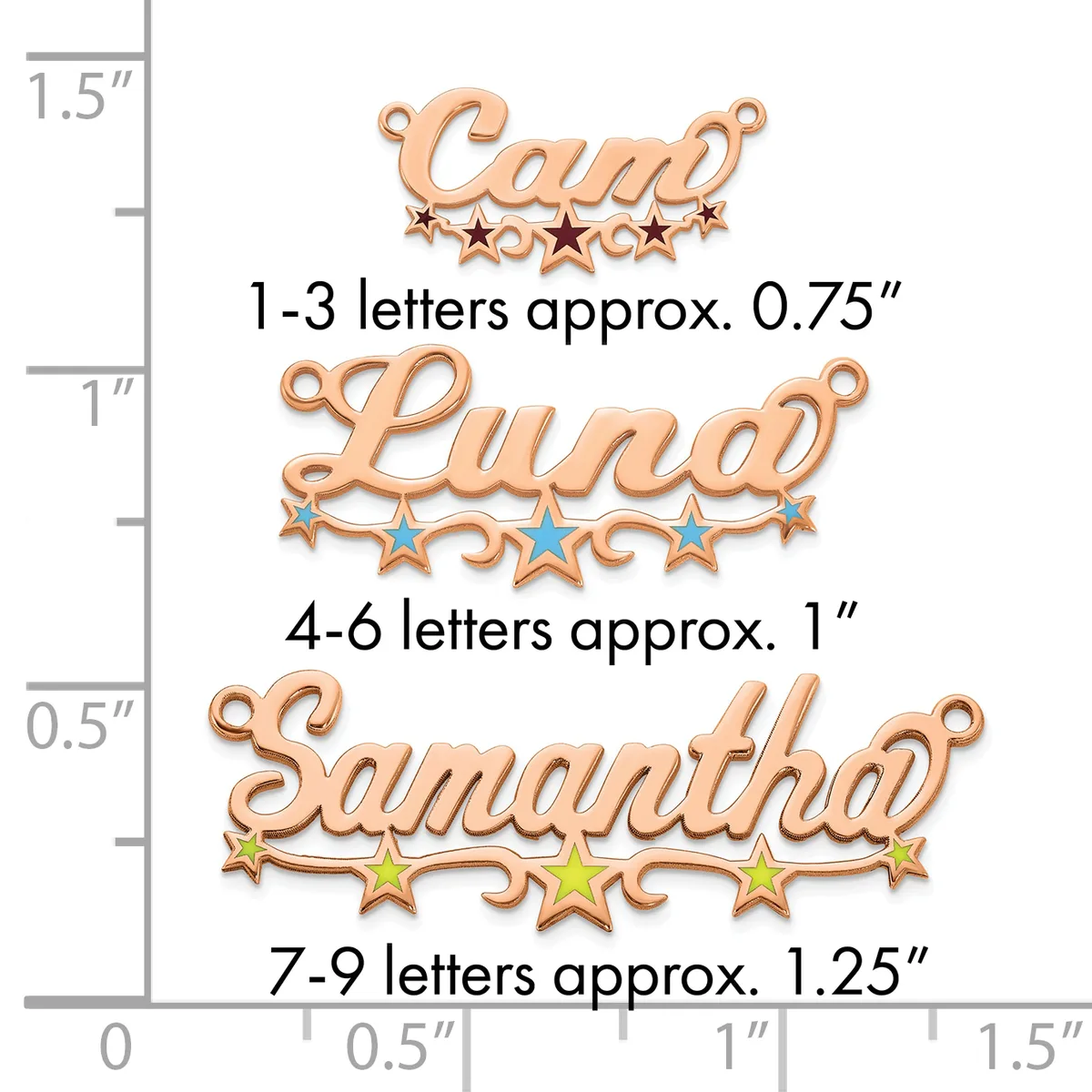 Three copper pendants with names in cursive script decorated with stars, shown next to a ruler indicating sizes from 0.75 to 1.25 inches.