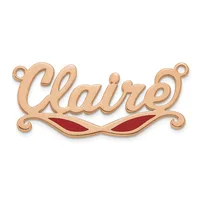 Rose gold-toned metal pendant with the word "Claire" in cursive script, featuring red enamel inlay in a decorative flourish beneath, with small loops at each end for hanging.