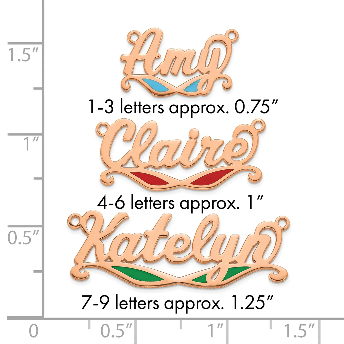 Three copper-colored name pendants with decorative flourishes and colored enamel accents, shown against a ruler measuring up to 1.5 inches.