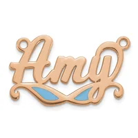 Rose gold pendant with the word "kind" in script lettering, blue enamel eye shapes below, and small loops at top corners for attachment.