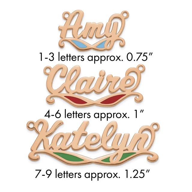 Three rose gold name pendants with colored enamel accents shown at different sizes: Amy with blue eyes, Claire with red lips, and Katelyn with green leaves.
