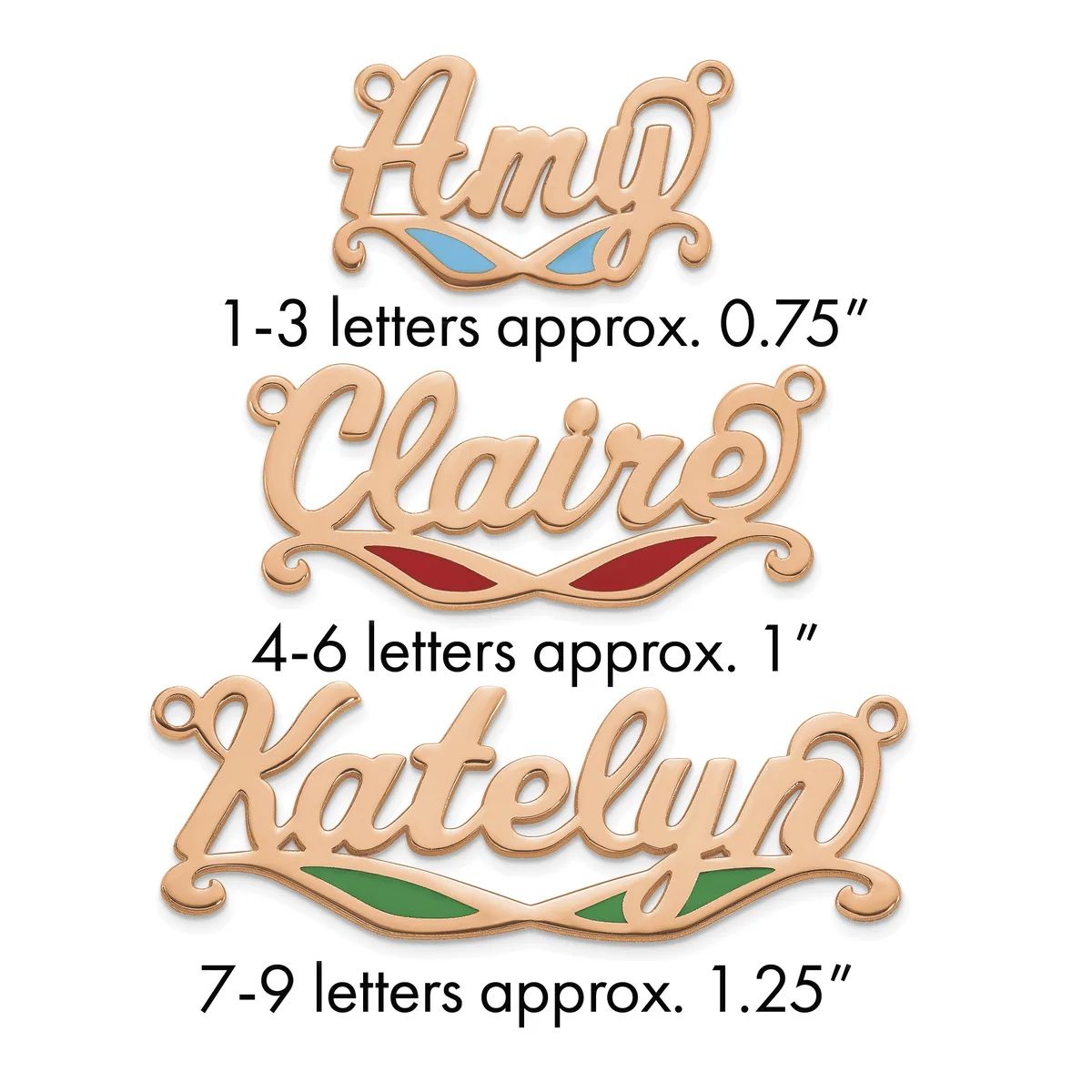 Three rose gold name pendants with colored enamel accents shown at different sizes: Amy with blue eyes, Claire with red lips, and Katelyn with green leaves.