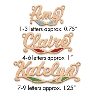 Three rose gold name pendants with colored enamel accents shown at different sizes: Amy with blue eyes, Claire with red lips, and Katelyn with green leaves.