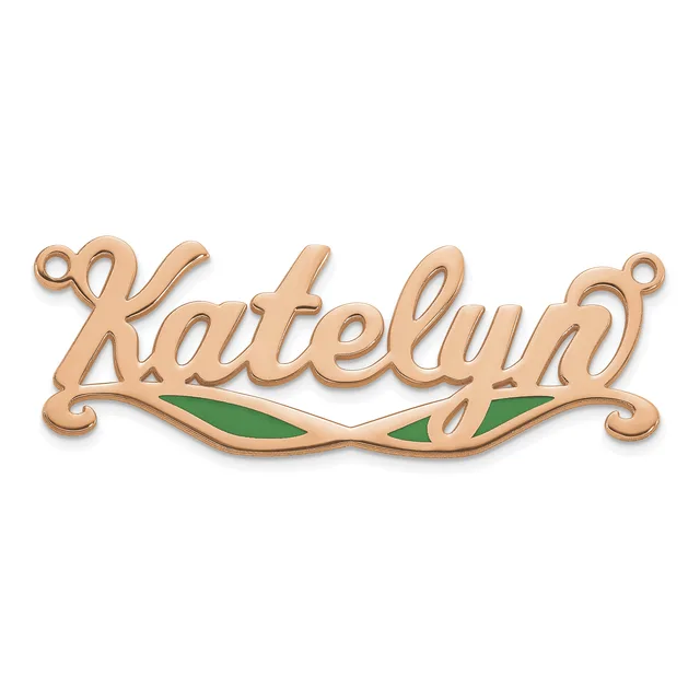 Rose gold nameplate pendant with the name in script lettering, featuring green enamel leaf designs beneath, with small loops at each end for attachment.