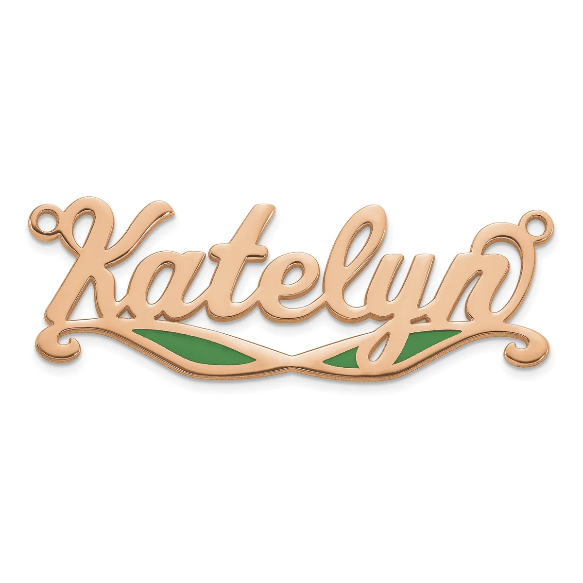 Rose gold nameplate pendant with the name in script lettering, featuring green enamel leaf designs beneath, with small loops at each end for attachment.