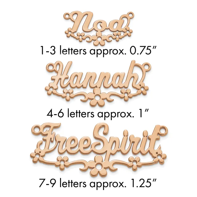 Three wooden name pendants with decorative flourishes in increasing sizes, labeled by letter count and approximate width measurements.