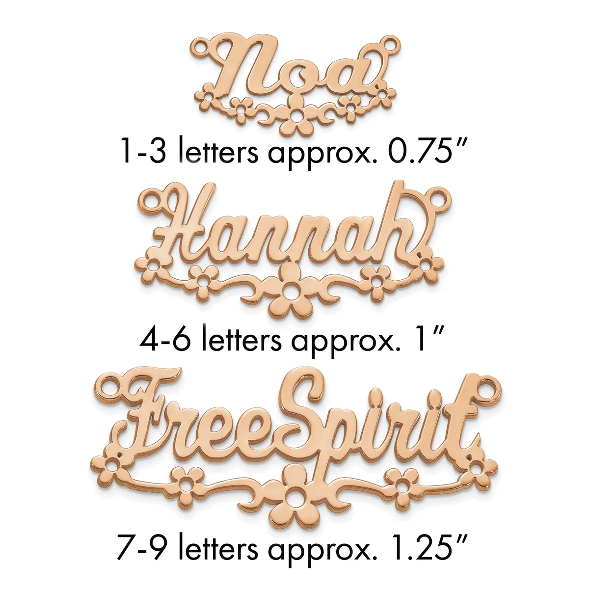 Three wooden name pendants with decorative flourishes in increasing sizes, labeled by letter count and approximate width measurements.