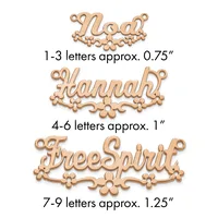 Three wooden name pendants with decorative flourishes in increasing sizes, labeled by letter count and approximate width measurements.