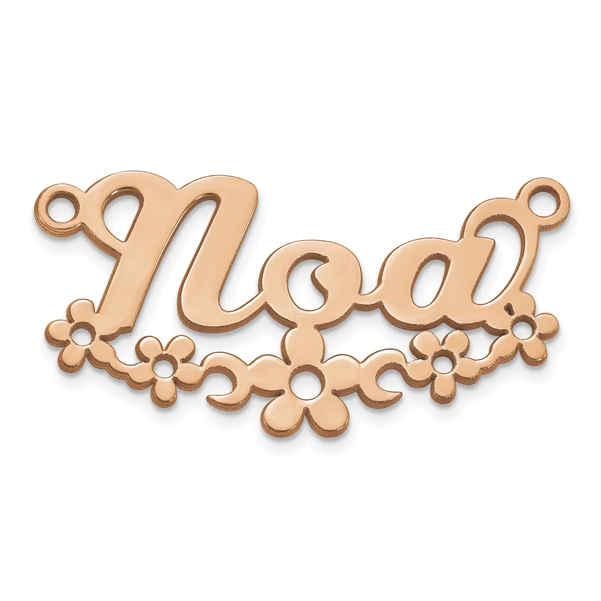 Rose gold-toned metal pendant with ornate scrolling script design and decorative flowers along the bottom edge, featuring small loops at the corners for attachment.