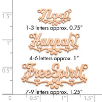 Three copper ornament name plates shown against a ruler, displaying size variations from 0.75 inches for 1-3 letters to 1.25 inches for 7-9 letters.