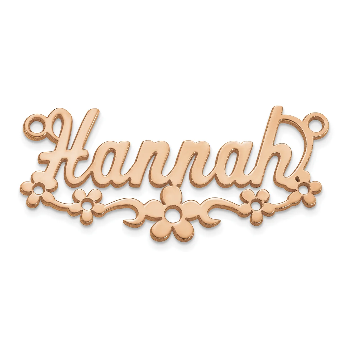Rose gold-toned metal nameplate pendant spelling "Hannah" with decorative floral elements and small loops at the top corners for attachment.
