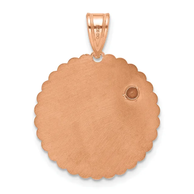 Rose gold circular pendant with scalloped edges and a small round stone accent, suspended from a matching bail.