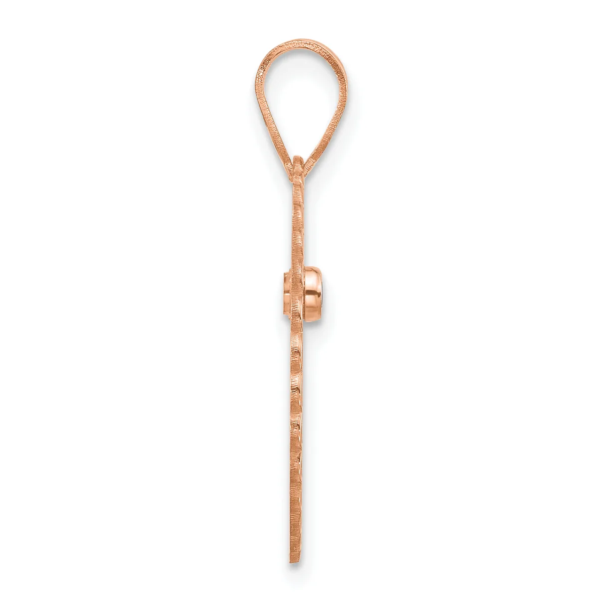 A rose gold lariat pendant necklace with a looped top and long chain tail ending in a small decorative bead, displayed against a white background.