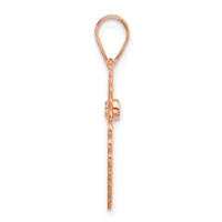 A rose gold lariat pendant necklace with a looped top and long chain tail ending in a small decorative bead, displayed against a white background.