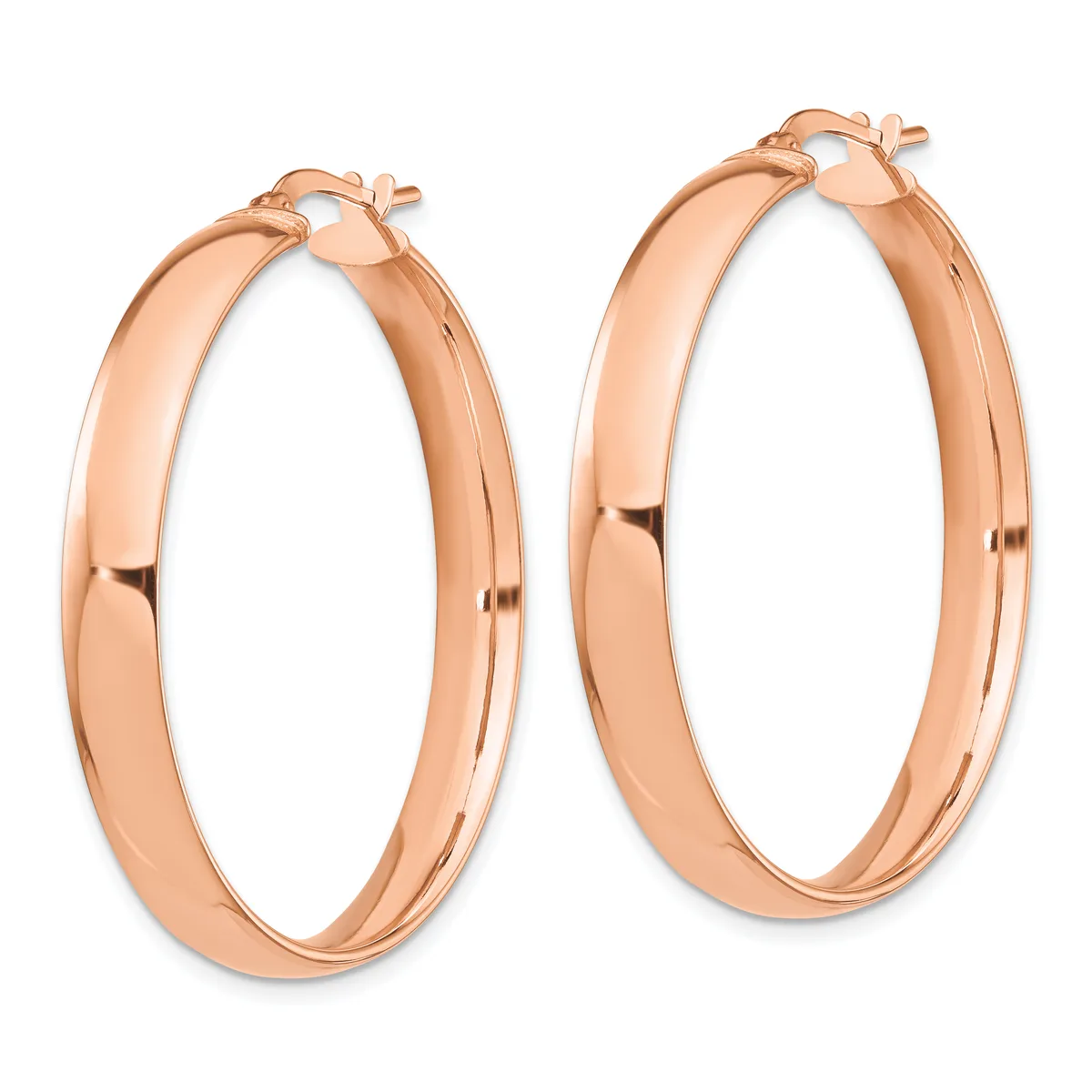 A pair of polished rose gold hoop earrings with a thick, rounded profile and post closures, displayed against a white background.