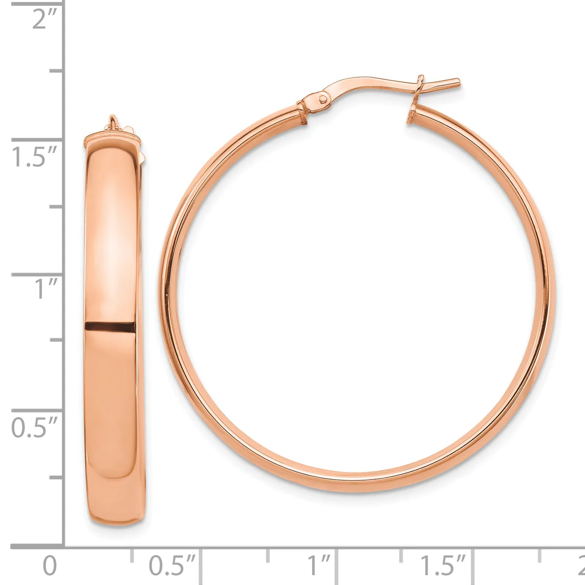 Rose gold hoop earrings displayed next to a measurement ruler showing the earrings are approximately 1.5 inches in diameter with a polished finish.