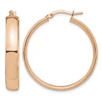 Pair of polished rose gold hoop earrings with hinged posts, shown from front and side angles.