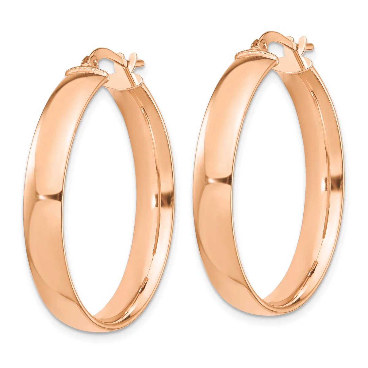 A pair of polished rose gold hoop earrings with a chunky, curved rectangular profile and clip-back closures, shown from the front.