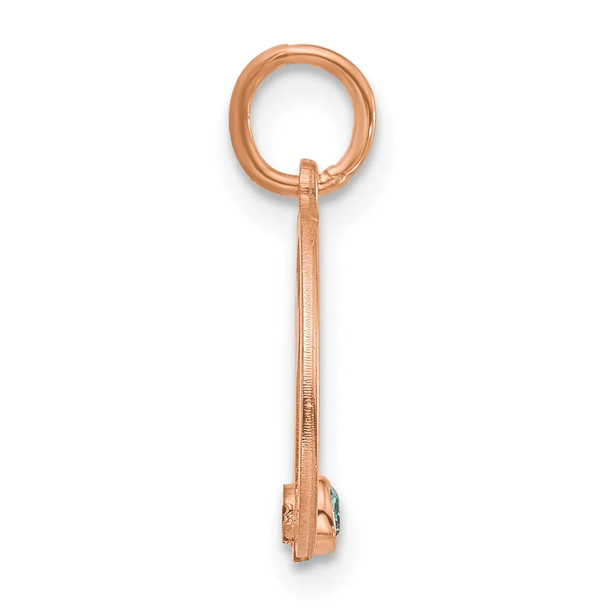 A copper-colored metal key with an ornate oval head and textured shaft, shown vertically against a white background.