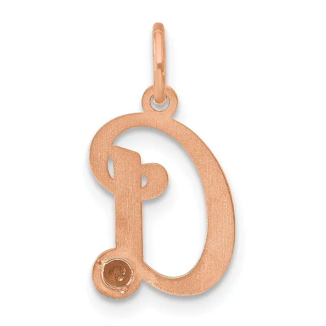 Rose gold pendant in the shape of the letter D with a textured finish and a small loop at the top for hanging.