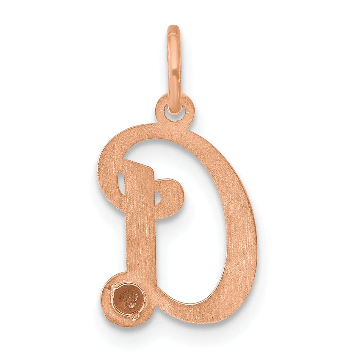 Rose gold pendant in the shape of the letter D with a textured finish and a small loop at the top for hanging.