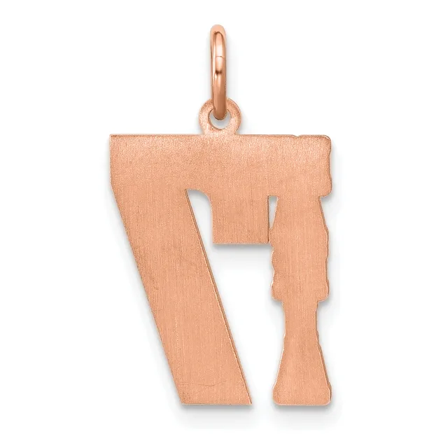 Rose gold pendant shaped like the letter P with a brushed finish and a small loop at the top for hanging.