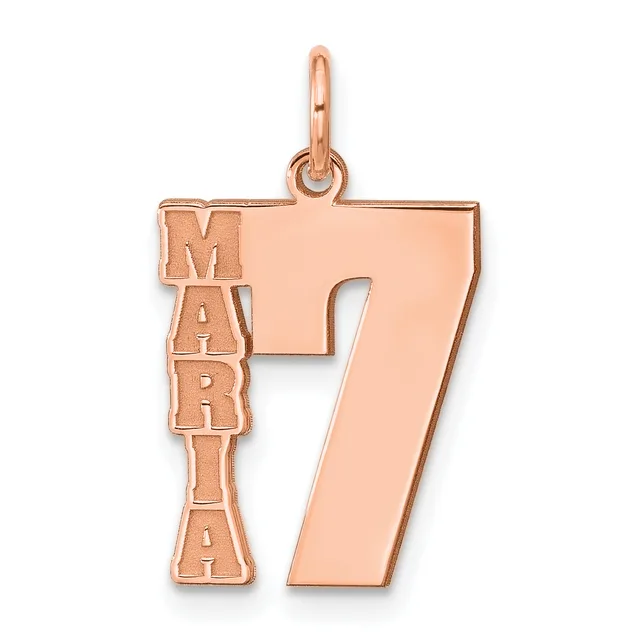 Rose gold pendant shaped like the number 7 with "MARIA" inscribed vertically on the left side, shown hanging from a bail loop.