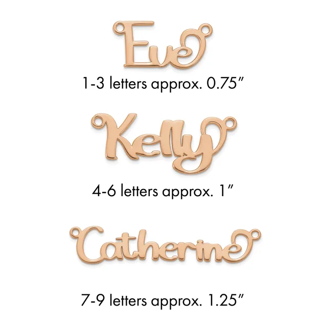 Three rose gold-toned name pendants showing size scale: "Eva" at 0.75 inches, "Kelly" at 1 inch, and "Catherine" at 1.25 inches, each with small loops for hanging.