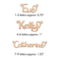 Three rose gold-toned name pendants showing size scale: "Eva" at 0.75 inches, "Kelly" at 1 inch, and "Catherine" at 1.25 inches, each with small loops for hanging.