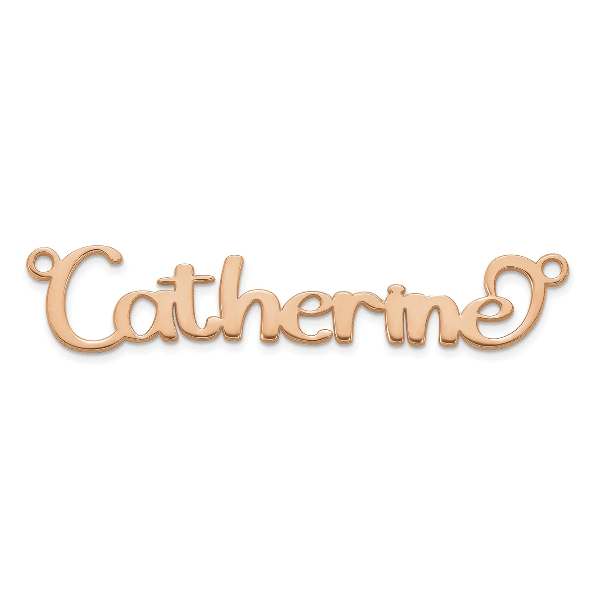 Rose gold colored metal connector pendant with the word "Catherine" written in script, featuring small loops on each end for attaching to a chain.