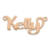 Rose gold-colored metal nameplate charm spelling "Kelly" with small loops at each end for attachment.