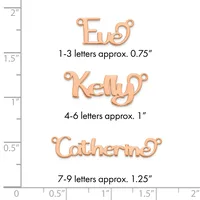 Three copper-colored name pendants shown against a ruler displaying size comparisons: Eva at 0.75 inches, Kelly at 1 inch, and Catherine at 1.25 inches, each with decorative loops at top and bottom.