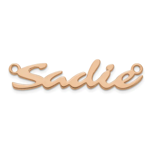Rose gold-colored metal connector pendant with the word "Sadie" in cursive script, featuring a loop at each end.