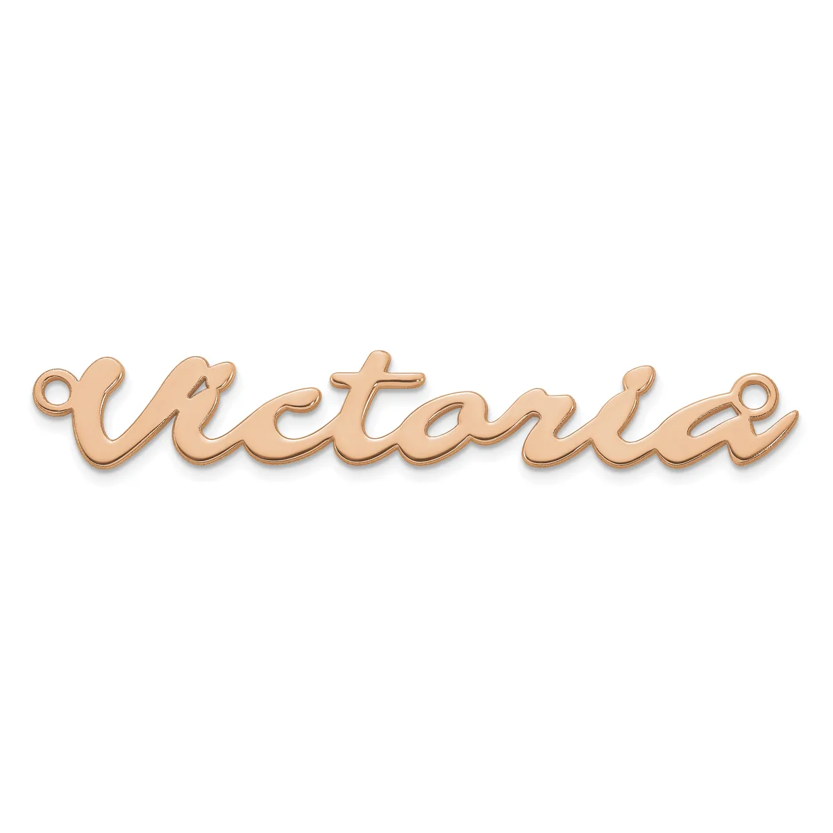 A rose gold-colored nameplate pendant spelling "Victoria" in cursive script with small loops at each end for attaching to a chain.