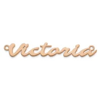 A rose gold-colored nameplate pendant spelling "Victoria" in cursive script with small loops at each end for attaching to a chain.