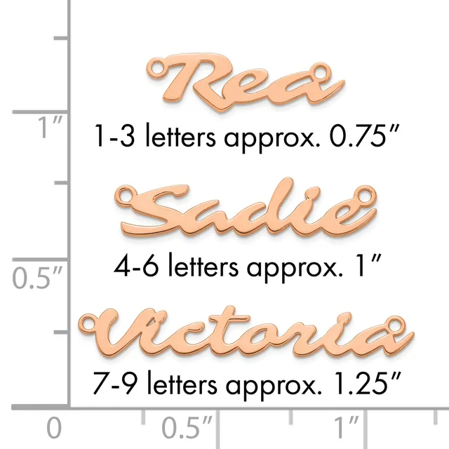 A scale showing three copper-colored nameplate pendants with approximate sizes: "Reo" at 0.75 inches for 1-3 letters, "Sadie" at 1 inch for 4-6 letters, and "Victoria" at 1.25 inches for 7-9 letters.